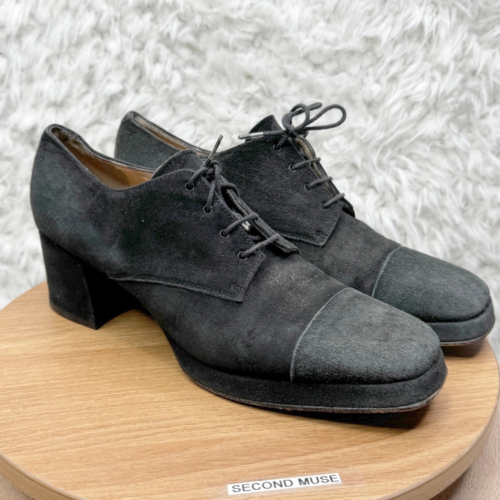Free Lance 90's Chunky‎ Black Suede Lace Up Block Heel Oxford Shoes Size 40 9